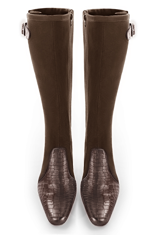 Dark brown women's knee-high boots with buckles. Round toe. Low flare heels. Made to measure. Top view - Florence KOOIJMAN